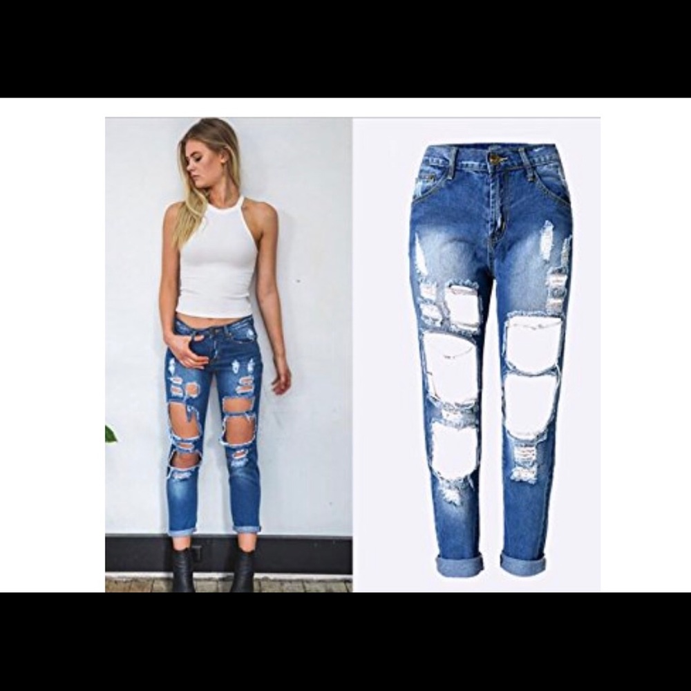 Distressed denim jeans
